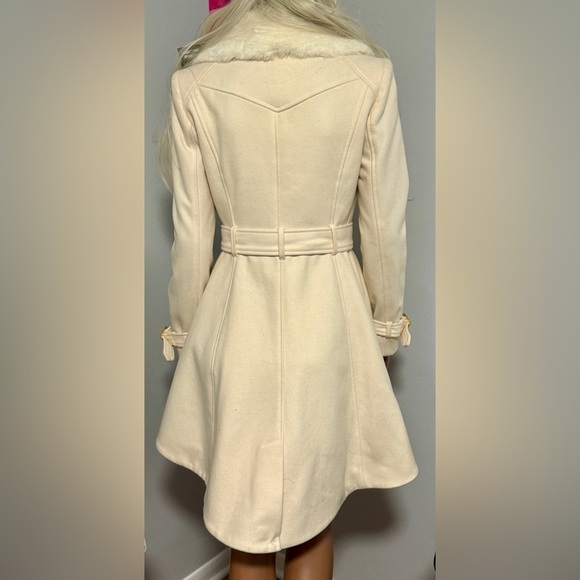 Bebe Wool Trench Coat Peacoat Button Down Belted High-Low Hi Lo Hem Faux Fur XS - Picture 8 of 13